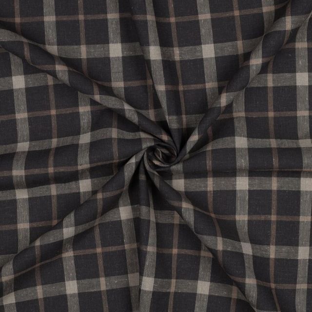 Tissu Lin Viscose Justin carreaux Grège sur fond Gris anthracite profond