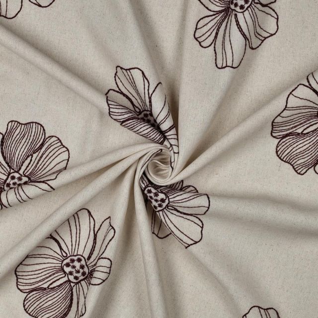 Tissu Viscose Lin Yoko brodé grandes fleurs sur fond Naturel