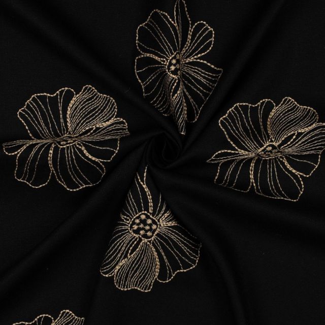 Tissu Lin Viscose Sakura grandes fleurs brodées Doré sur fond Noir