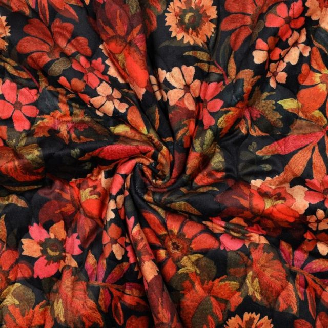 Tissu Velours Matelassé réversible Poppy fleurs d'automne sur fond Noir
