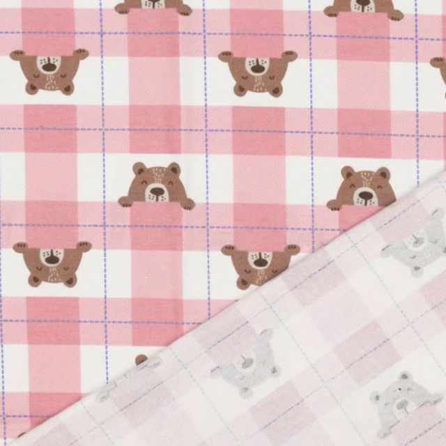 Tissu Flanelle de Coton Poppy Carreaux et têtes d'ours sur fond Rose clair