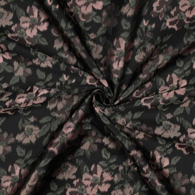 Tissu Jacquard Alizé fleurs Rose ancien sur fond Noir