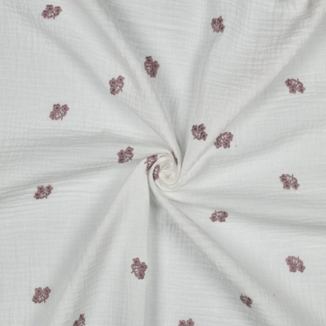 Tissu Double gaze de Coton Irina Broderie petites fleurs sur fond Blanc