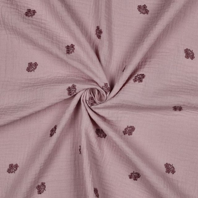 Tissu Double gaze de Coton Irina Broderie petites fleurs sur fond Vieux rose