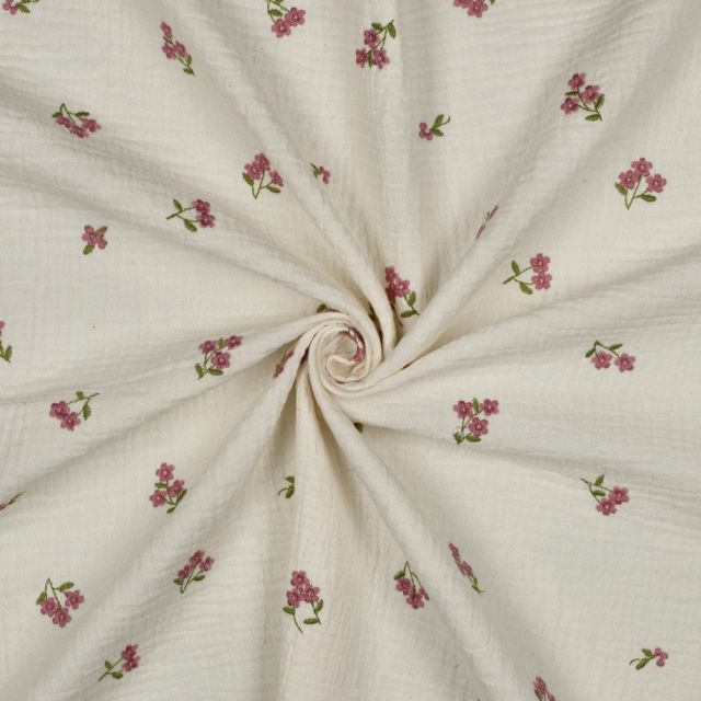 Tissu Double gaze de Coton Camilia petites fleurs brodées Rose sur fond Ecru