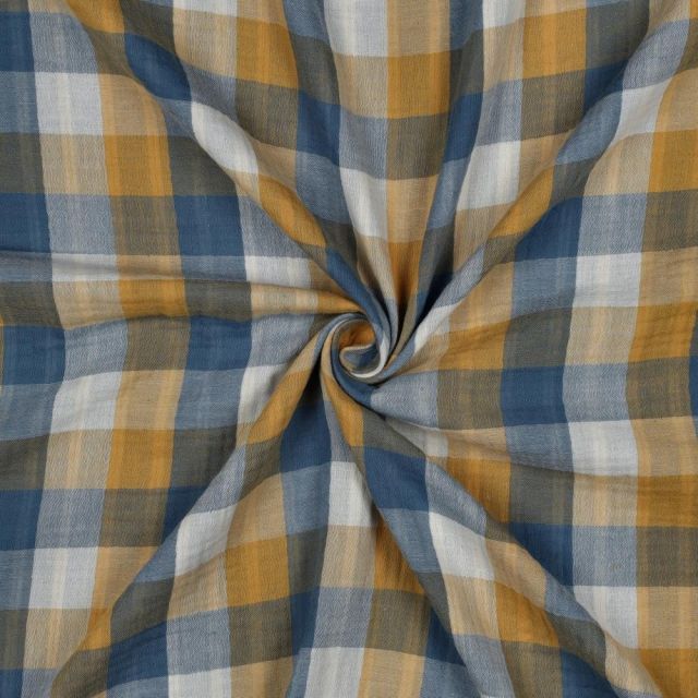 Tissu Double gaze de Coton carreaux jaunes Reversible rayures sur fond Bleu