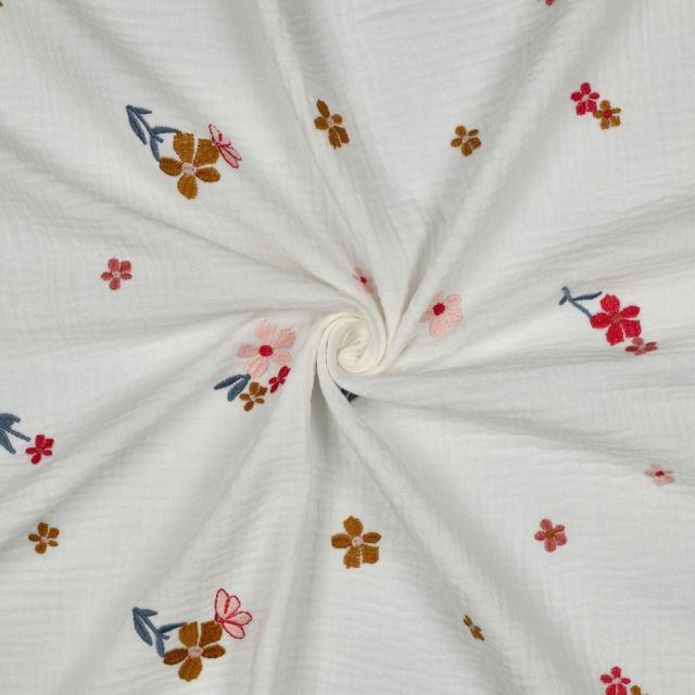 Tissu Double gaze de Coton Fleurs Brodés Zélyne ocre rouge sur fond Blanc