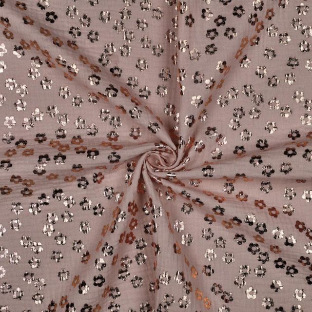 Tissu Double gaze de Coton Poppy Fleur foil sur fond Vieux rose