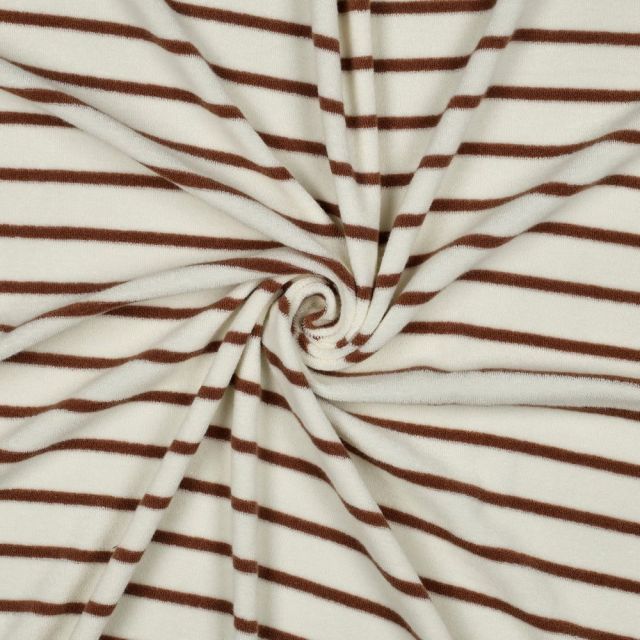 Tissu Jersey Velours Eponge fil teint rayé Terracotta sur fond Ecru