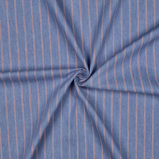 Tissu Jeans Denim Alix Rayures fines bordeaux sur fond Bleu
