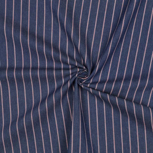 Tissu Jeans Denim Annie Rayures fines bordeaux sur fond Bleu foncé