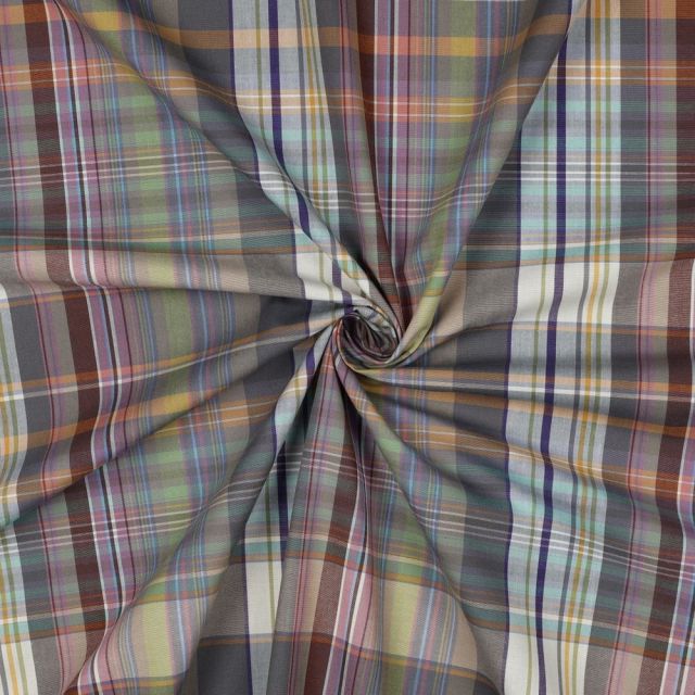 Tissu Voile de Coton fil teint Calyra Carreaux sur fond Bordeaux