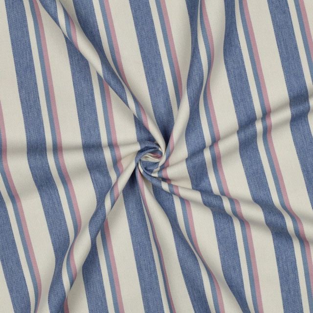 Tissu Jeans Denim fil teinté Chloé Rayures bleu et rose sur fond Ecru