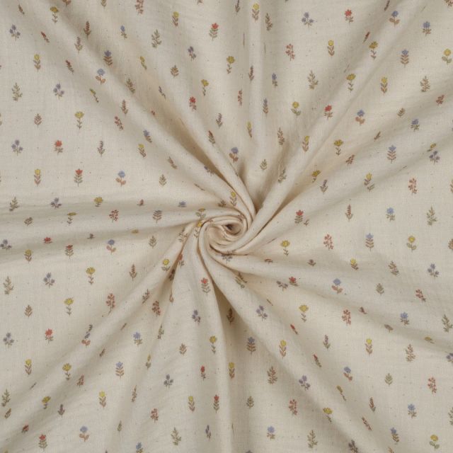 Tissu Double gaze de Coton Bio Nadia petites fleurs multicolore sur fond Naturel