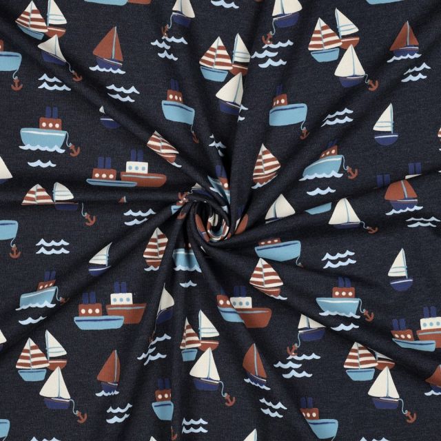 Tissu Jersey Coton mélangé Nolan petits bateaux sur fond Bleu marine