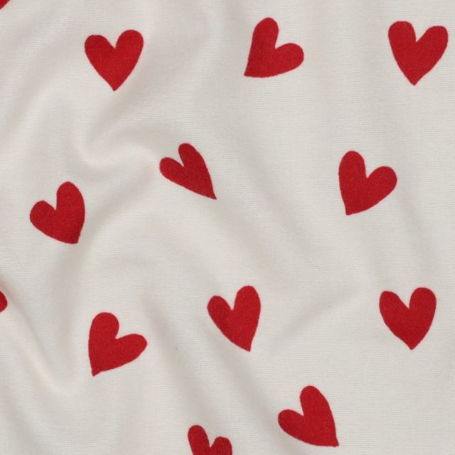 Tissu Flanelle de Coton  Caline cœurs Rouges sur fond Blanc - Par 10 cm