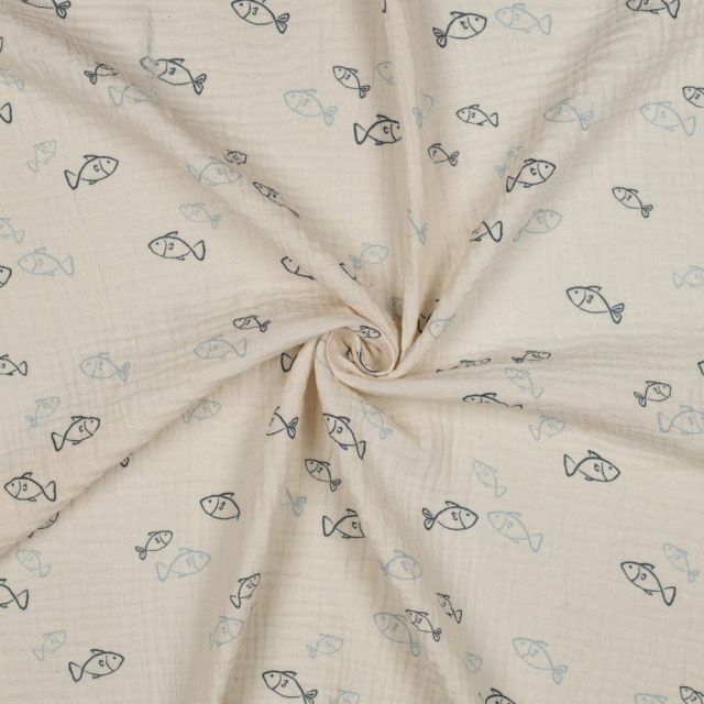 Tissu Double gaze de Coton Bio Elisa petits poissons Bleu sur fond Ecru