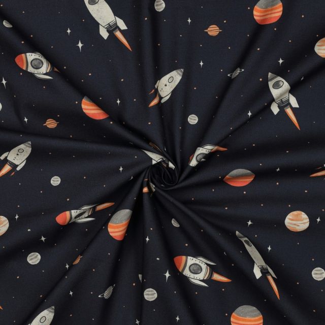 Tissu Popeline de Coton Buzz voyage spatial sur fond Bleu marine