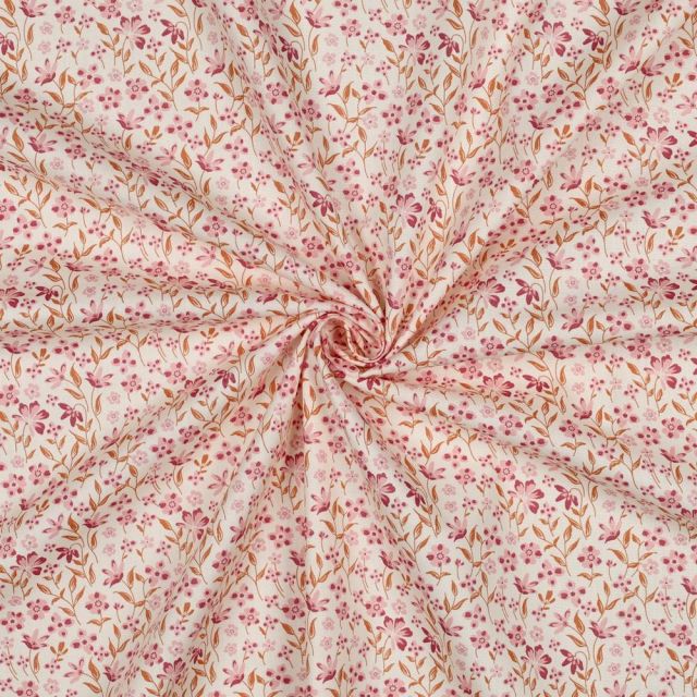 Tissu Popeline de Coton Marie petites fleures Rose sur fond Blanc cassé