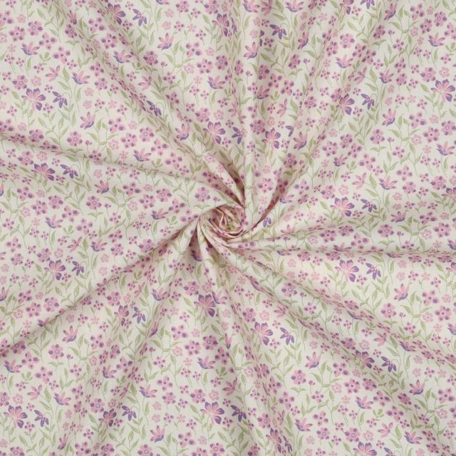 Tissu Popeline de Coton Marie petites fleures Violet sur fond Blanc cassé