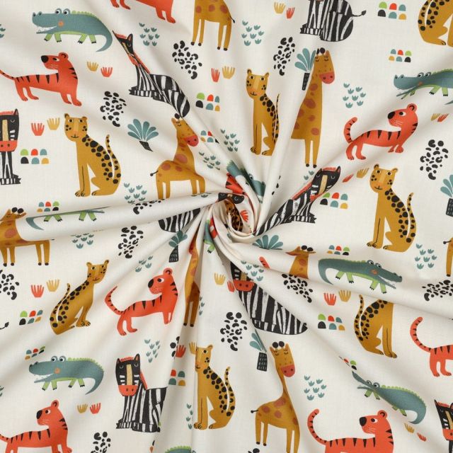Tissu Popeline de Coton Léo animaux savane sur fond Blanc cassé