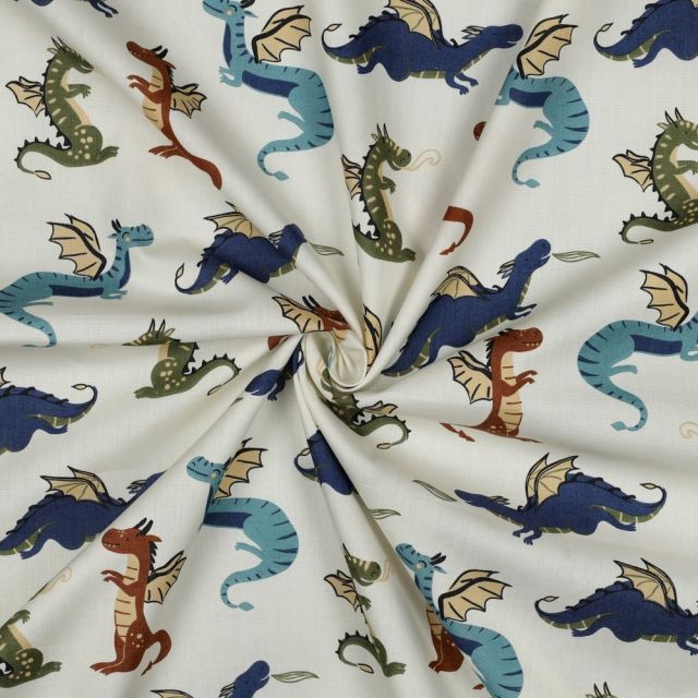 Tissu Popeline de Coton Eliot dragons multicolore sur fond Blanc cassé