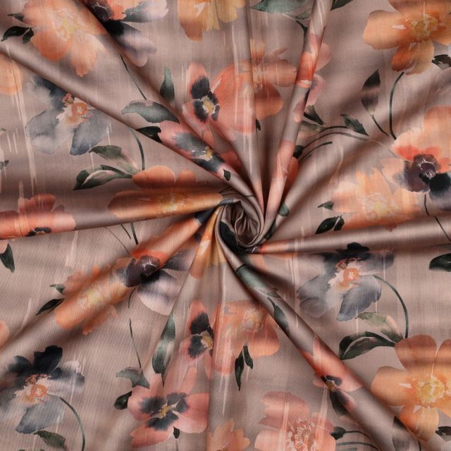 Tissu Coton satiné digital Mila grandes fleurs sur fond Pêche