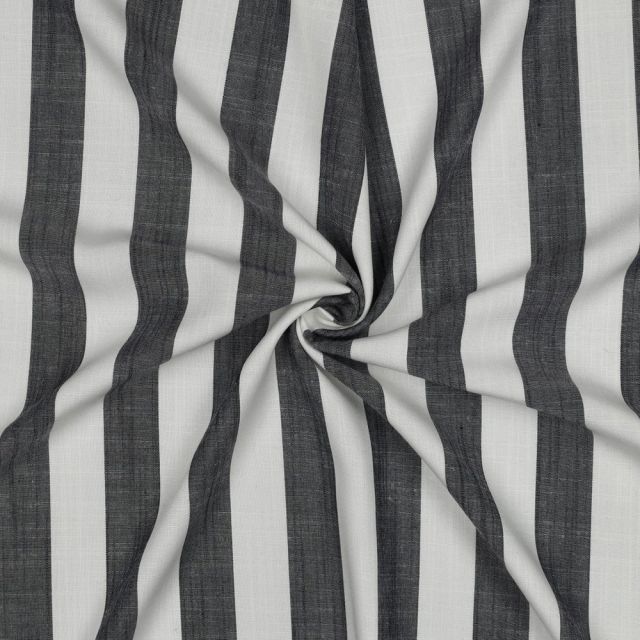 Tissu Viscose fil teint Suzanne grandes rayures Bleu marine sur fond Blanc cassé