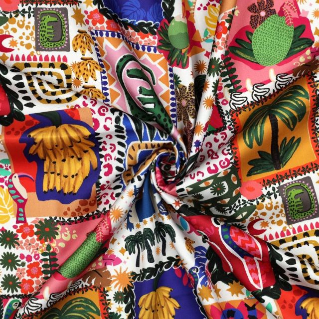 Tissu Satin de Coton Digital Zina patchwork exotique sur fond Blanc