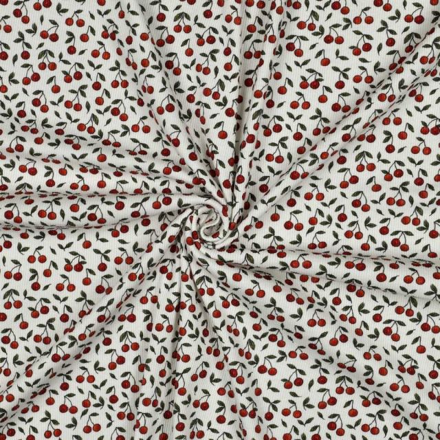 Tissu Jersey Bord Côte Digital Ambre petites cerises Rouges sur fond Blanc cassé