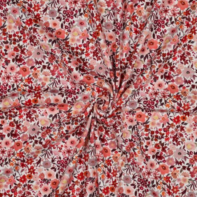 Tissu Jersey Bord Côte Digital Léonie fleurs sauvages ton Pêche sur fond Blanc cassé