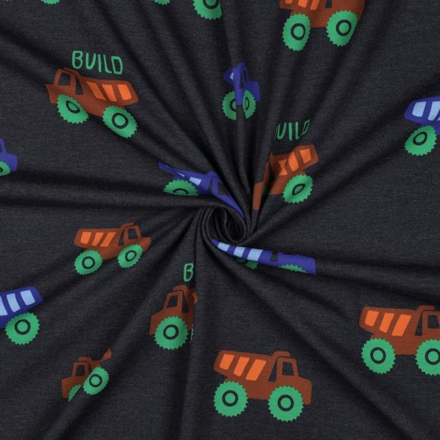 Tissu Jersey Coton mélangé Engins de chantier sur fond Bleu marine