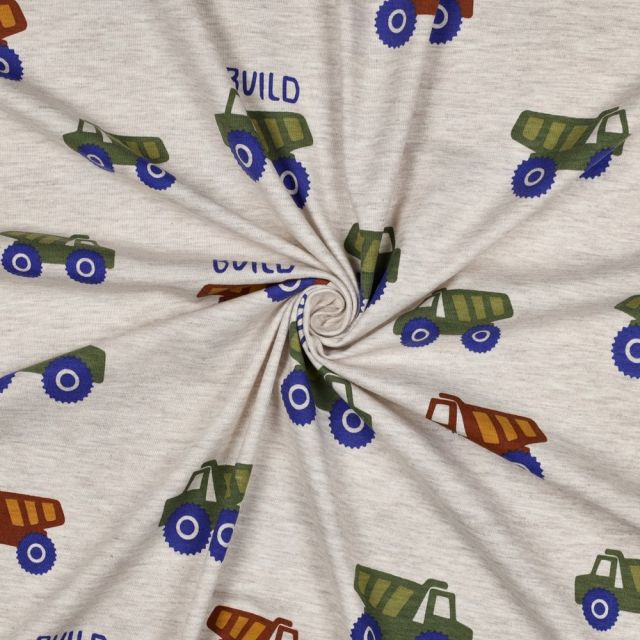 Tissu Jersey Coton mélangé Engins de chantier sur fond Gris chiné