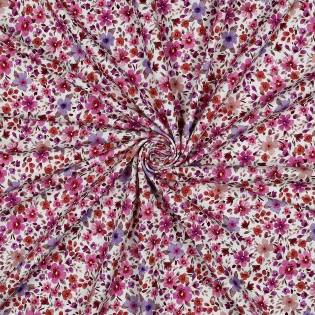 Tissu Jersey Coton imprimé Fleuris Maylia sur fond Blanc