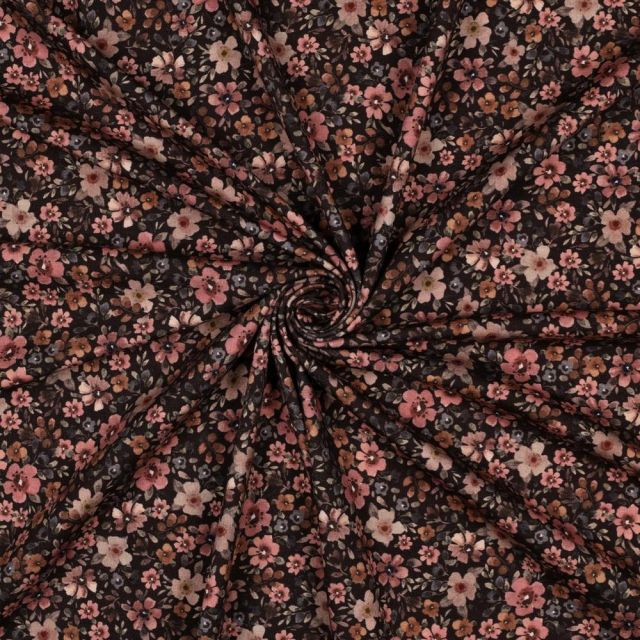 Tissu Jersey Coton imprimé Fleuris Adria sur fond Noir