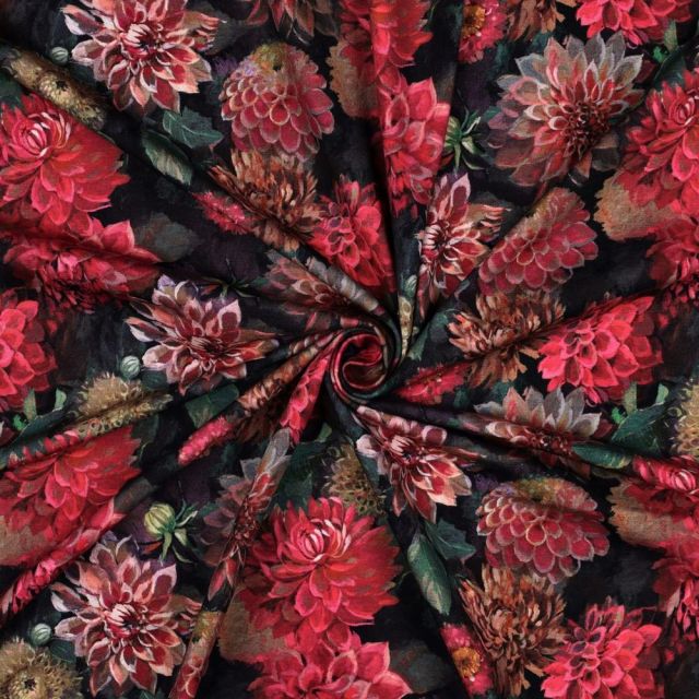 Tissu Jersey Coton imprimé Fleuris Mirasol sur fond Noir