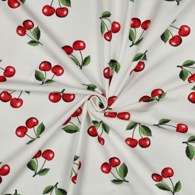 Tissu Jersey Coton imprimé Cerise cherie sur fond Blanc