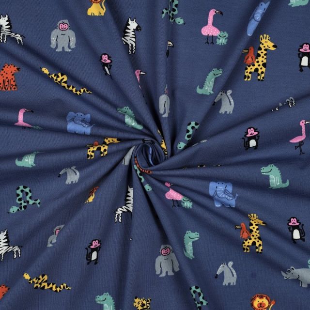 Tissu Jersey Coton imprimé Animaux Pop sur fond Bleu marine