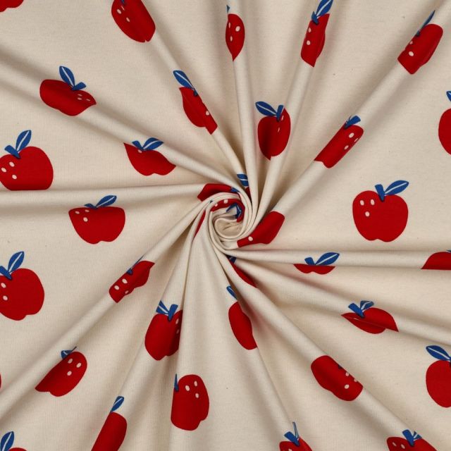 Tissu Jersey Coton Bio imprimé Pomme rouge sur fond Beige
