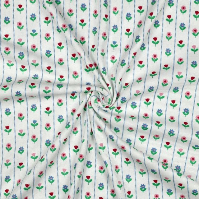 Tissu Jersey Coton imprimé Rayures fleuris Melodie vert sur fond Blanc