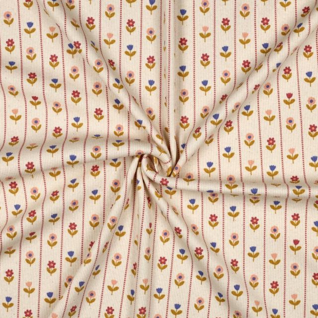 Tissu Jersey Coton imprimé Rayures vichy fleuris ocre sur fond Ecru