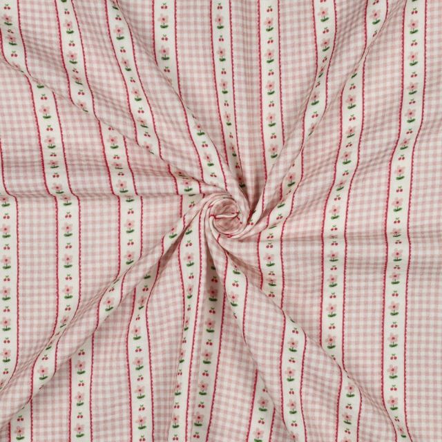 Tissu Coton imprimé Rayures vichy fleuris rose sur fond Blanc
