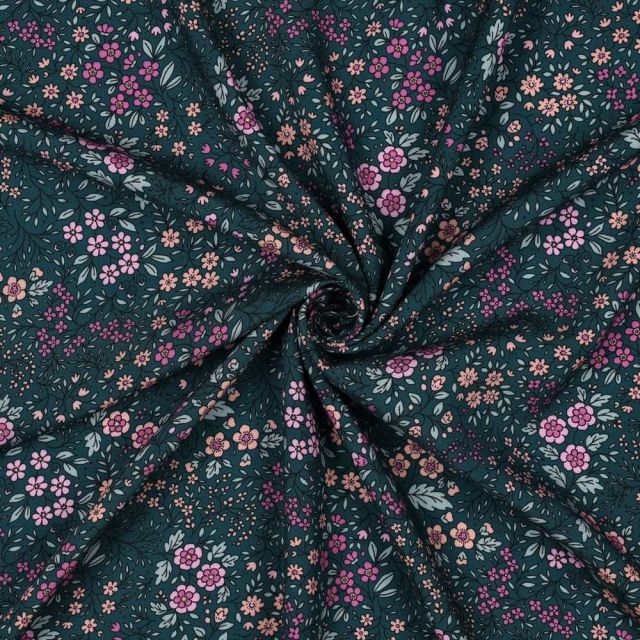 Tissu Viscose Ecovero Fleuris Caméliane sur fond Vert canard