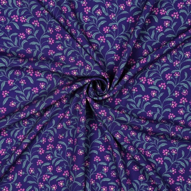Tissu Viscose imprimé Irina fleurs Bleu et Rose sur fond Violet