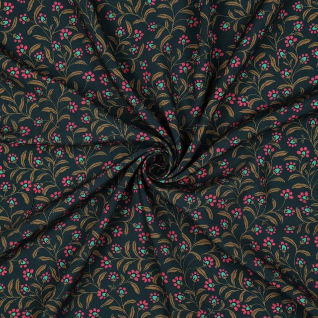 Tissu Viscose imprimé Irina fleurs Bronze et Rose sur fond Vert foncé