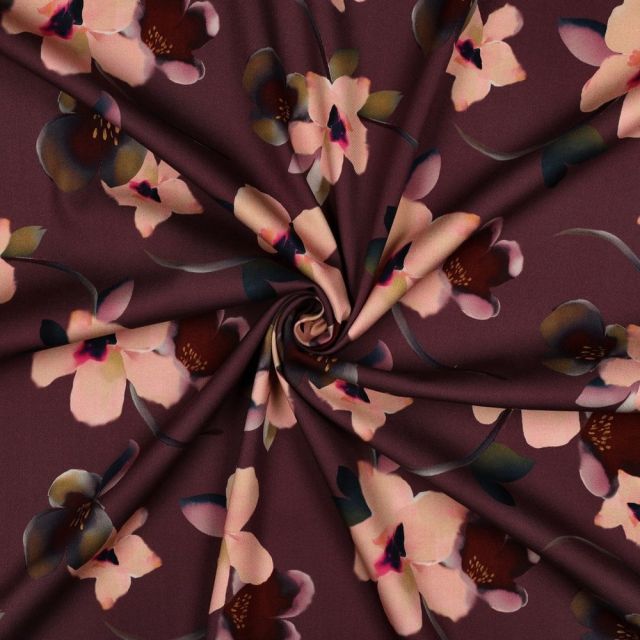 Tissu Viscose stretch imprimé Rosella Aubergine