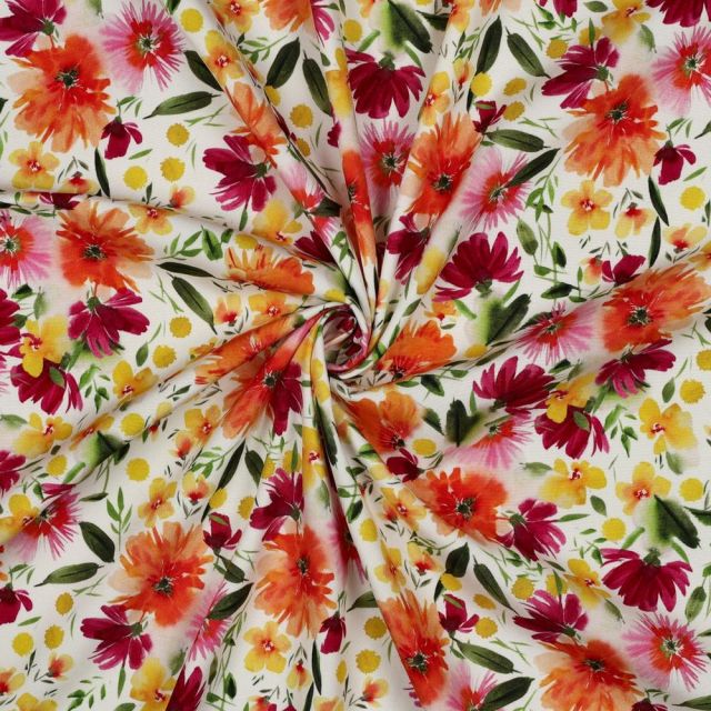Tissu Viscose stretch Digital Mélodie fleurs Orange sur fond Blanc cassé