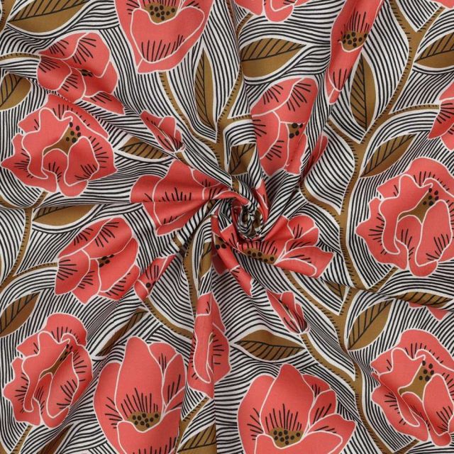 Tissu Voile de Coton digital Paola fleurs Corail et Bronze sur fond Blanc