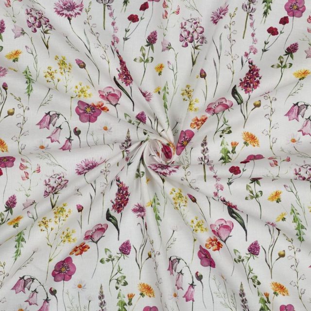 Tissu Voile de Coton digital Louisa fleurs sauvage sur fond Blanc cassé
