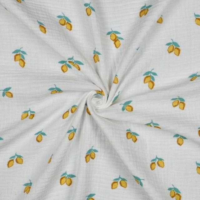 Tissu Double gaze de Coton Bio Capri petits citrons sur fond Blanc cassé